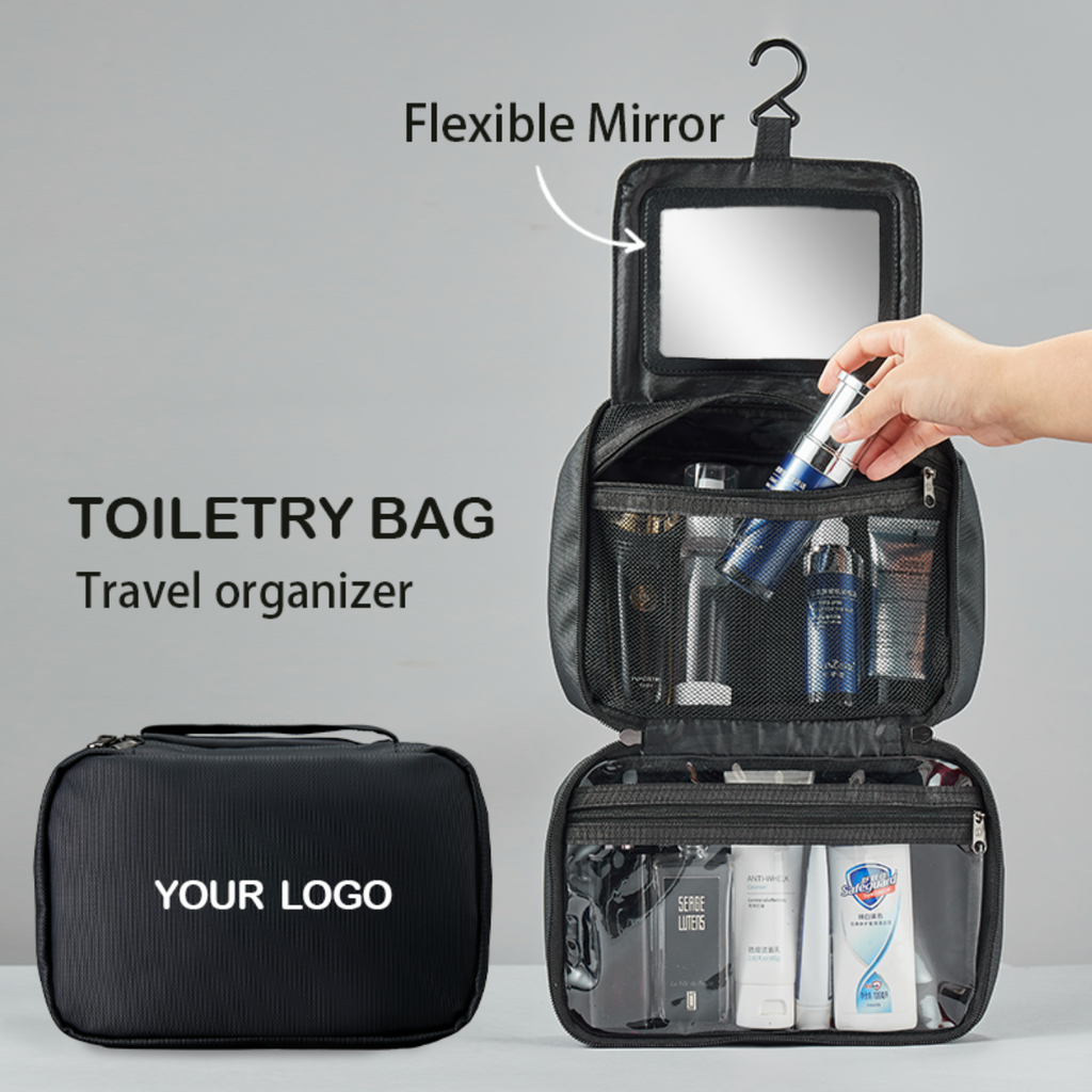 Hanging Travel Makeup Bag with Mirror – Portable Cosmetic & Toiletry Organizer