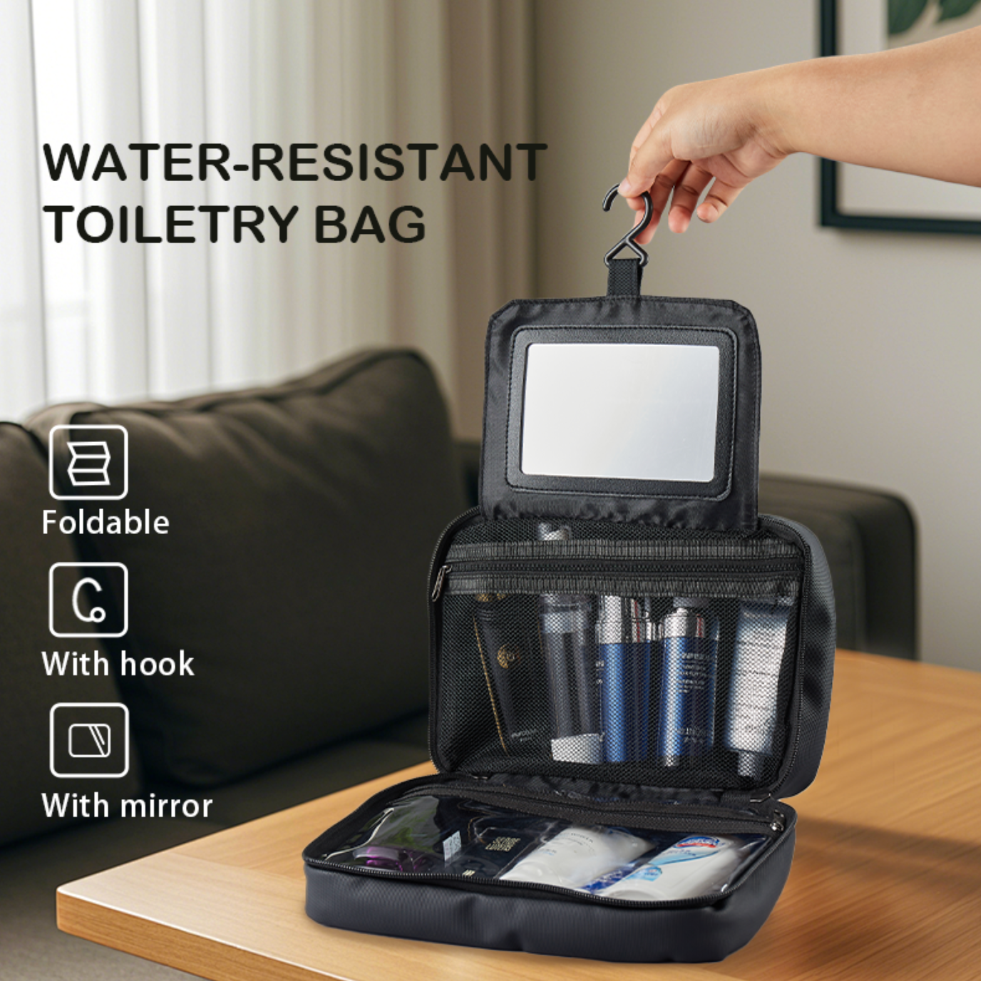 Hanging Travel Makeup Bag with Mirror – Portable Cosmetic & Toiletry Organizer