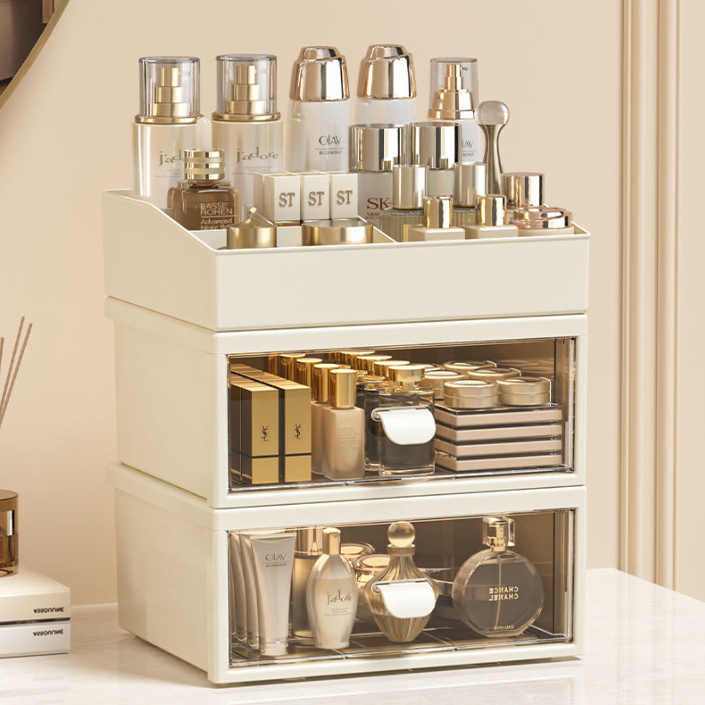 3-Tier Makeup & Lipstick Organizer – Multi-Drawer Vanity Storage