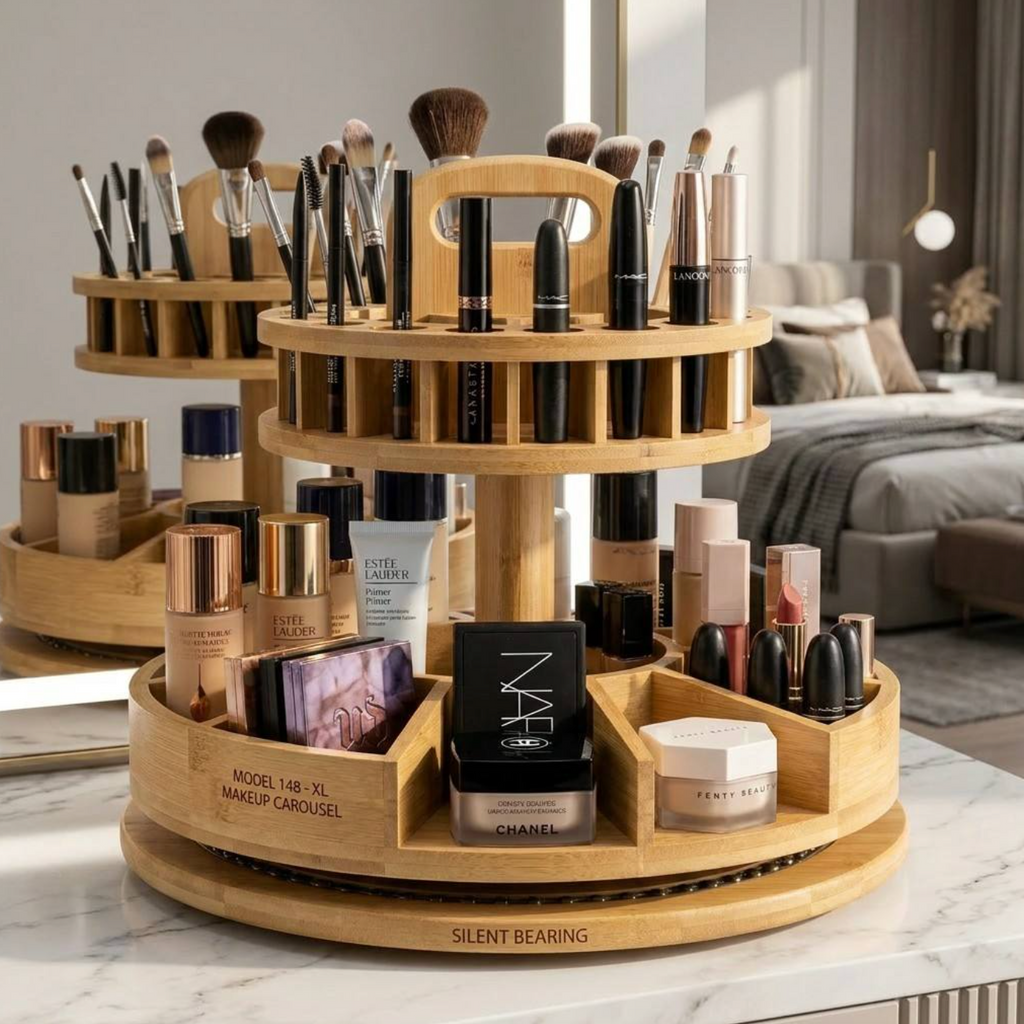360° Rotating Bamboo Organizer – Natural Vanity & Beauty Storage