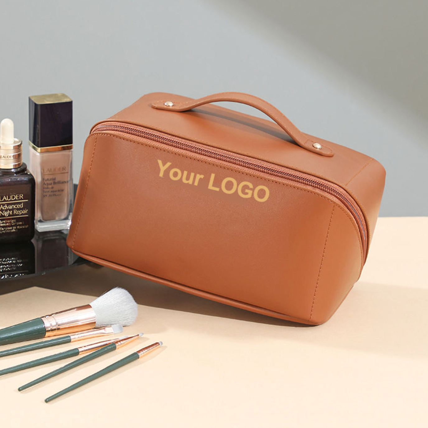 Portable PU Leather Makeup Bag – Elegant Travel Cosmetic Organizer
